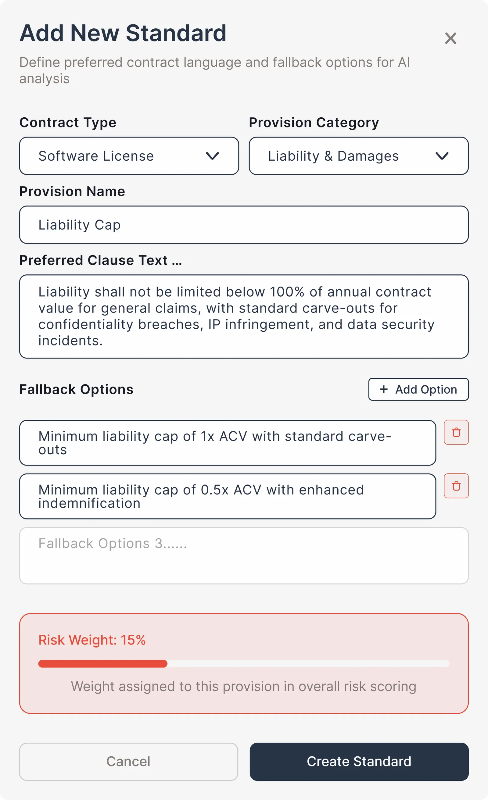 New standard form with contract type, provision and preferred clause filled in