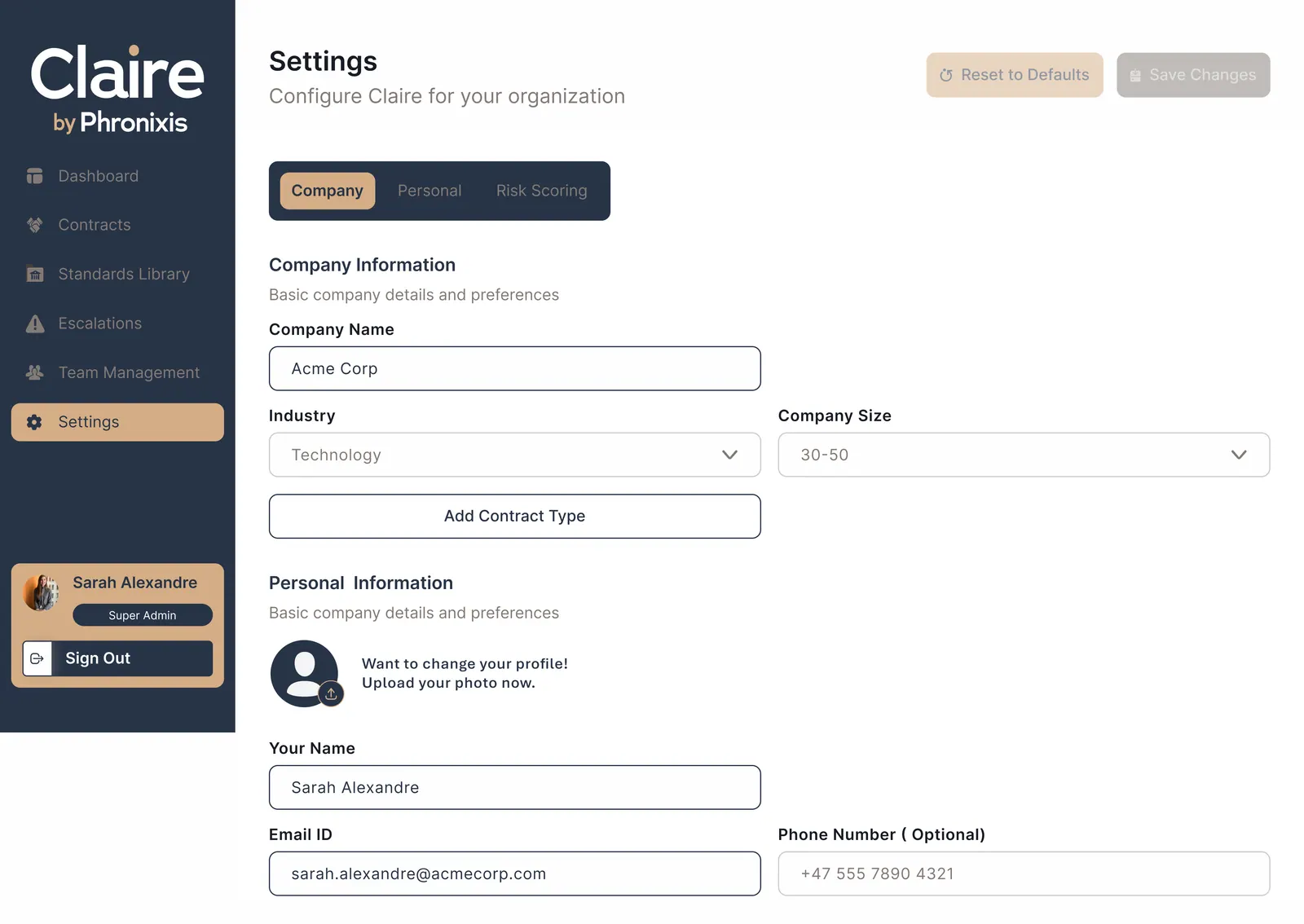 Company settings for the organisation