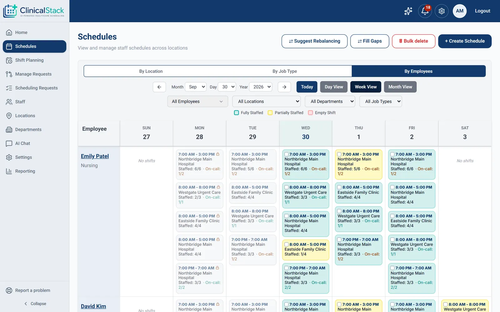 Schedules grouped by employee with eligibility reason badges