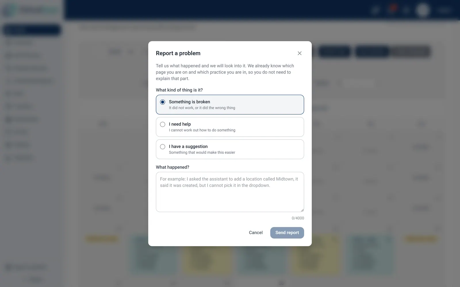 In-app problem report dialog