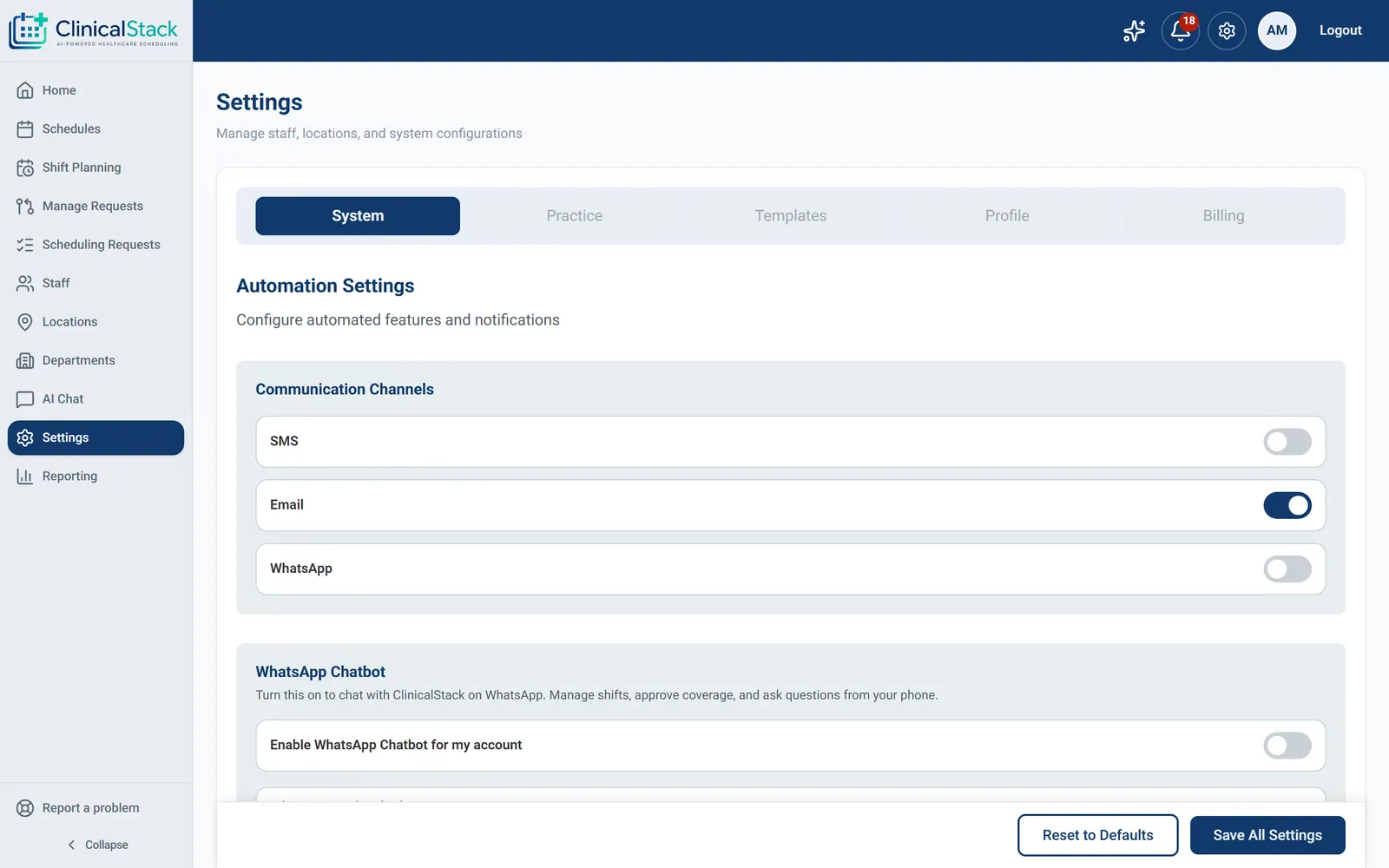 Organisation settings with scheduling rules and channels