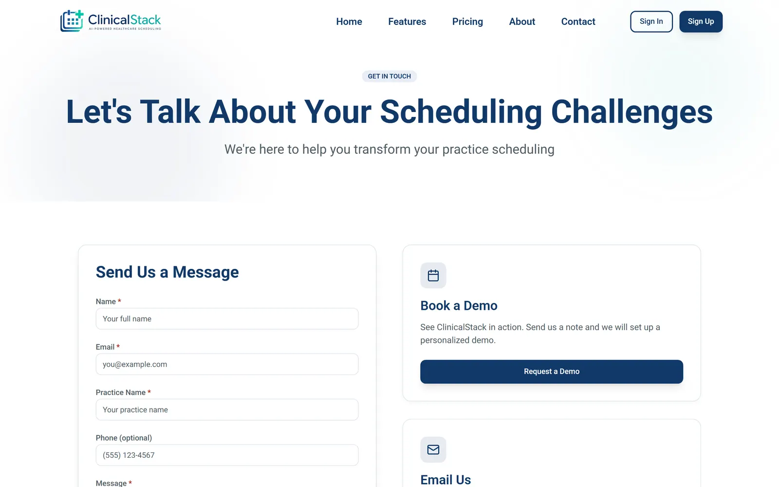 Clinical Stack contact page, full length