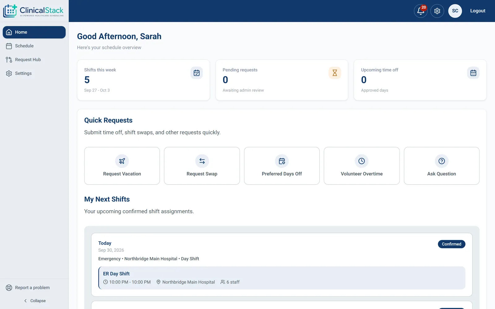 The staff app home on a desktop screen