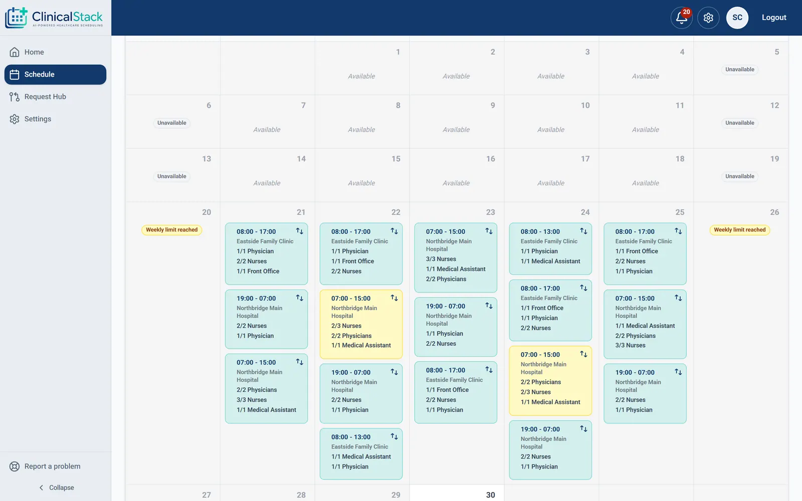 The staff schedule on a desktop screen