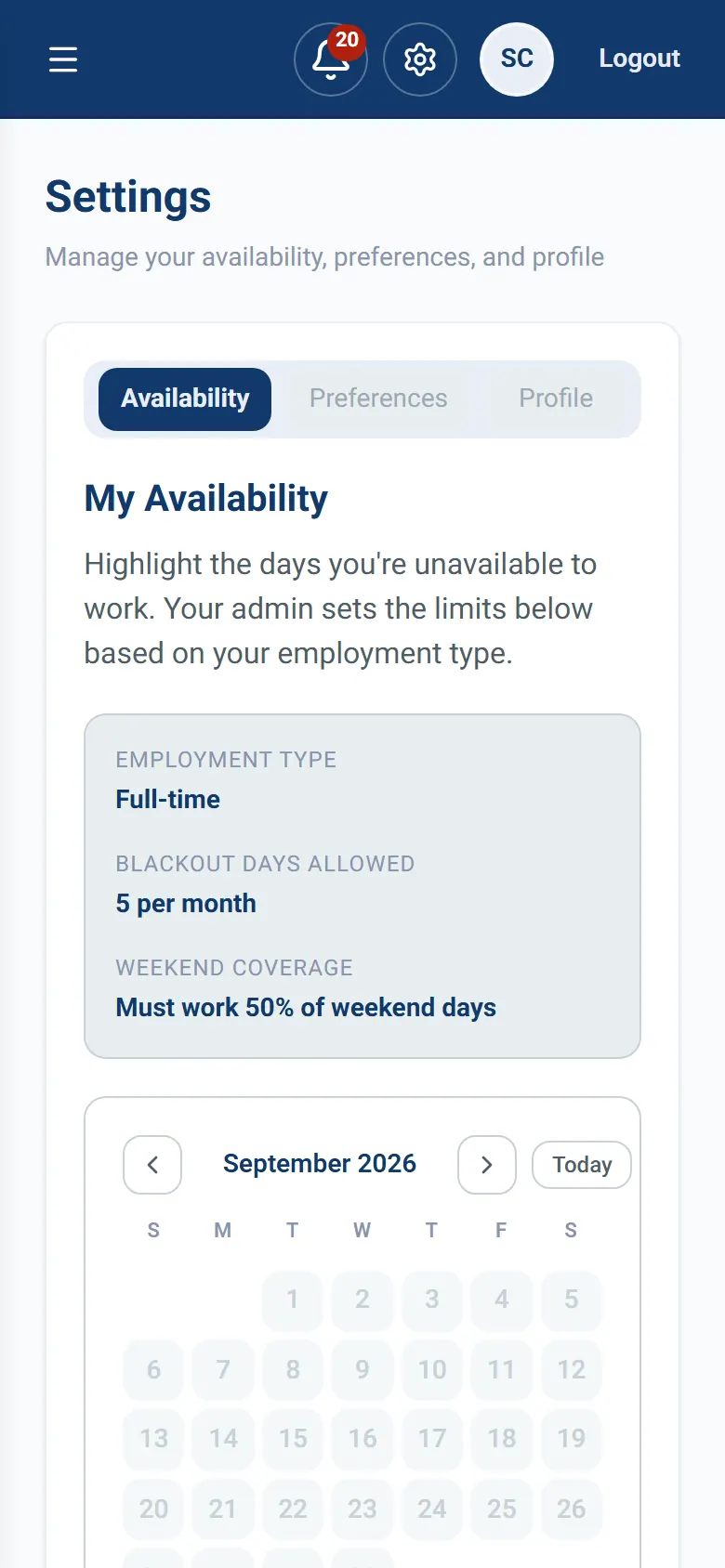 Staff availability, blackout and channel settings
