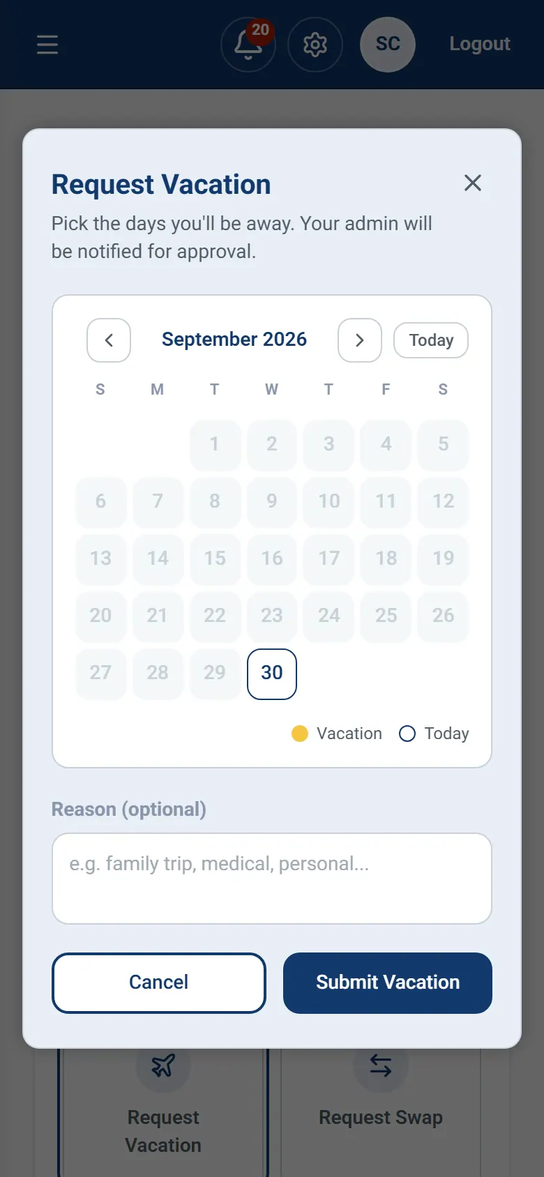 Vacation request dialog