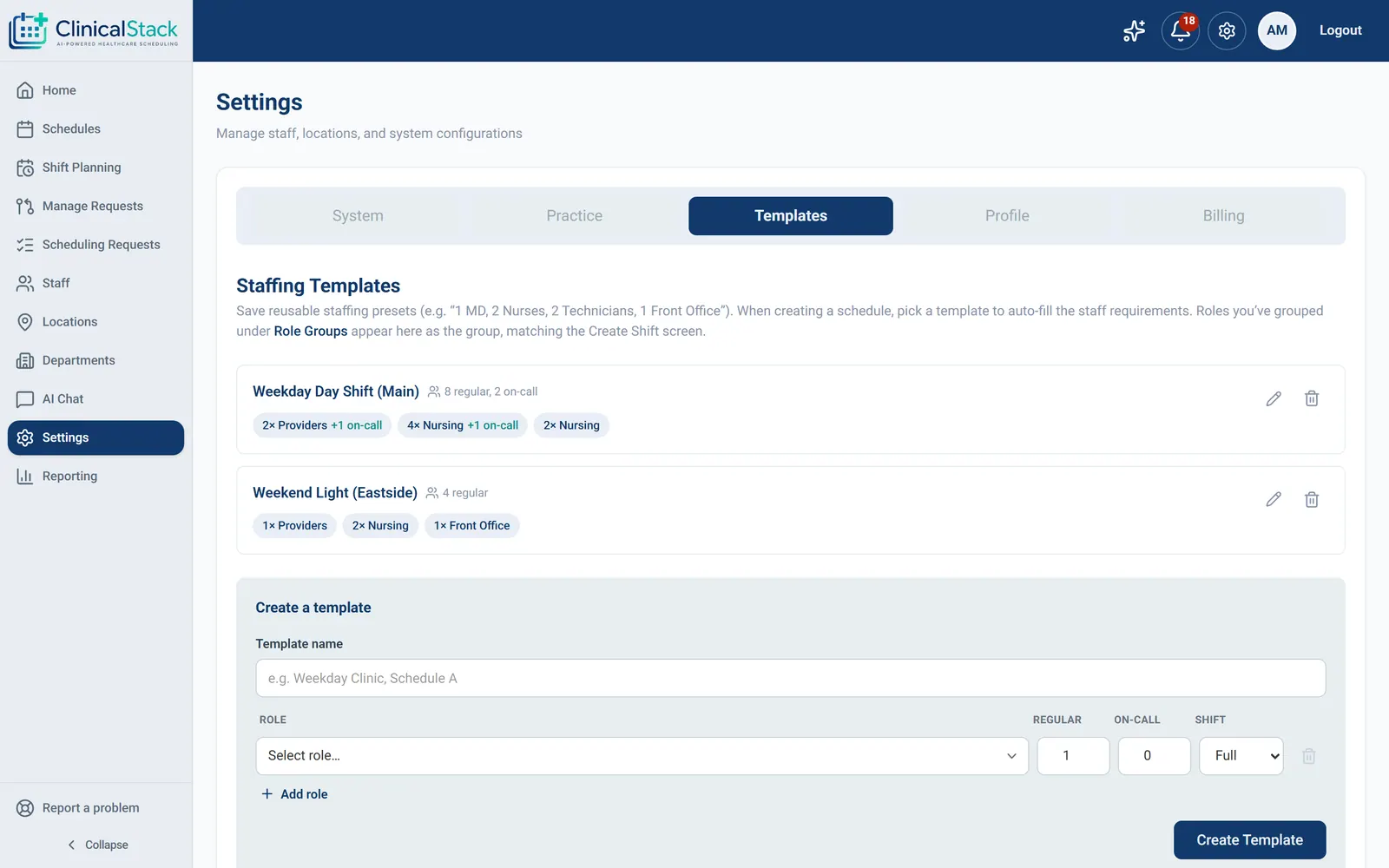 Settings templates tab