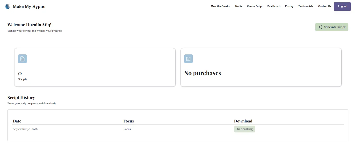 Account dashboard with script history