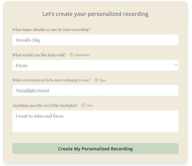 Personalisation form filled in