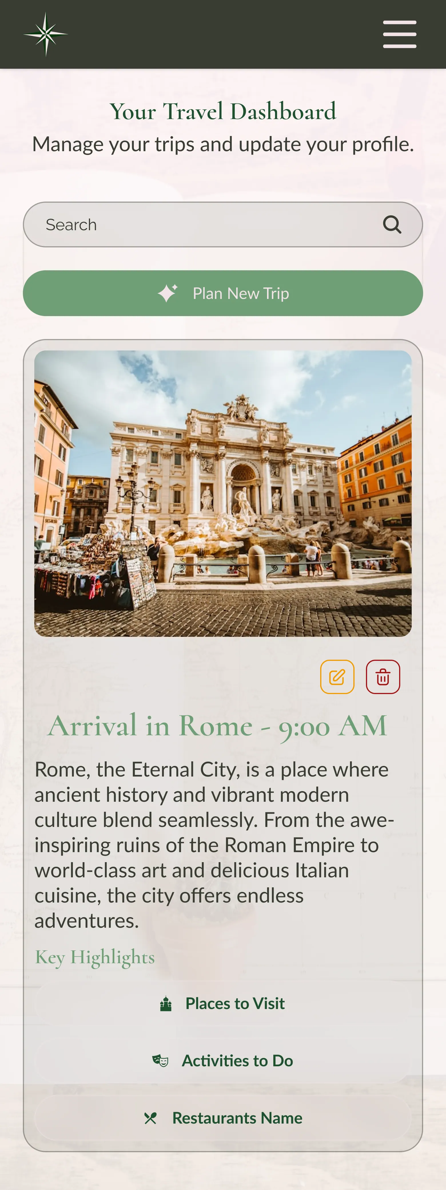 Mobile travel dashboard