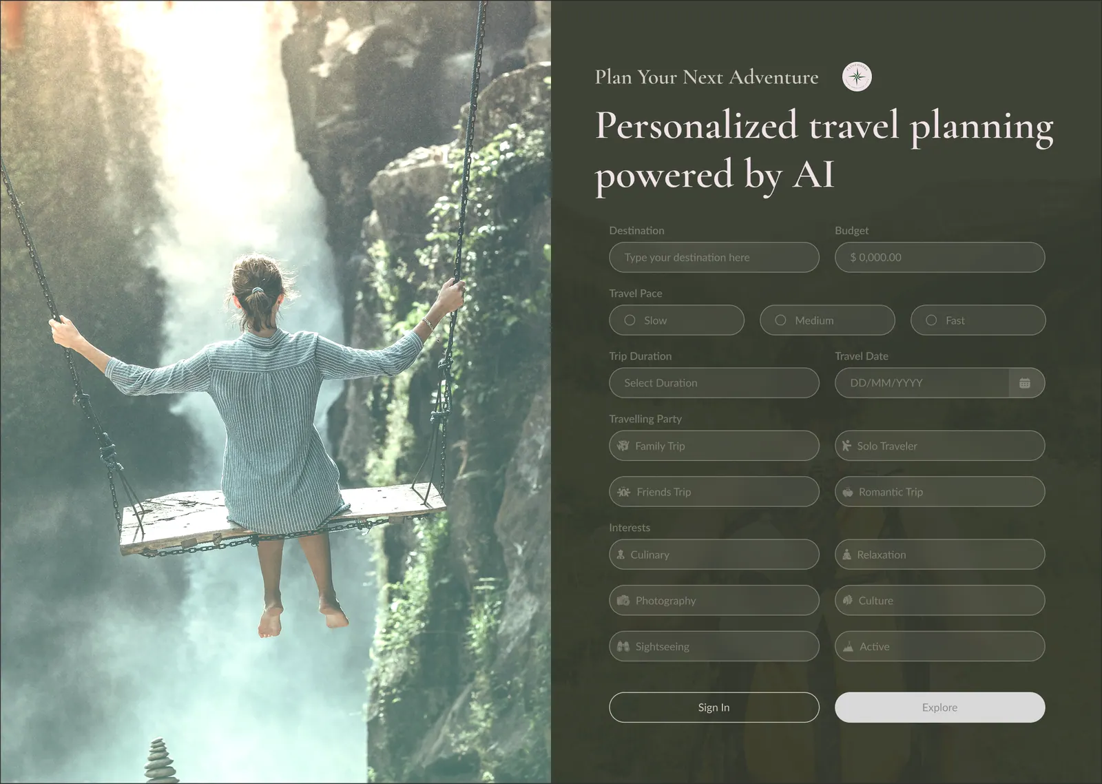 Trip setup form: destination, dates, budget, traveller type, pace and interests