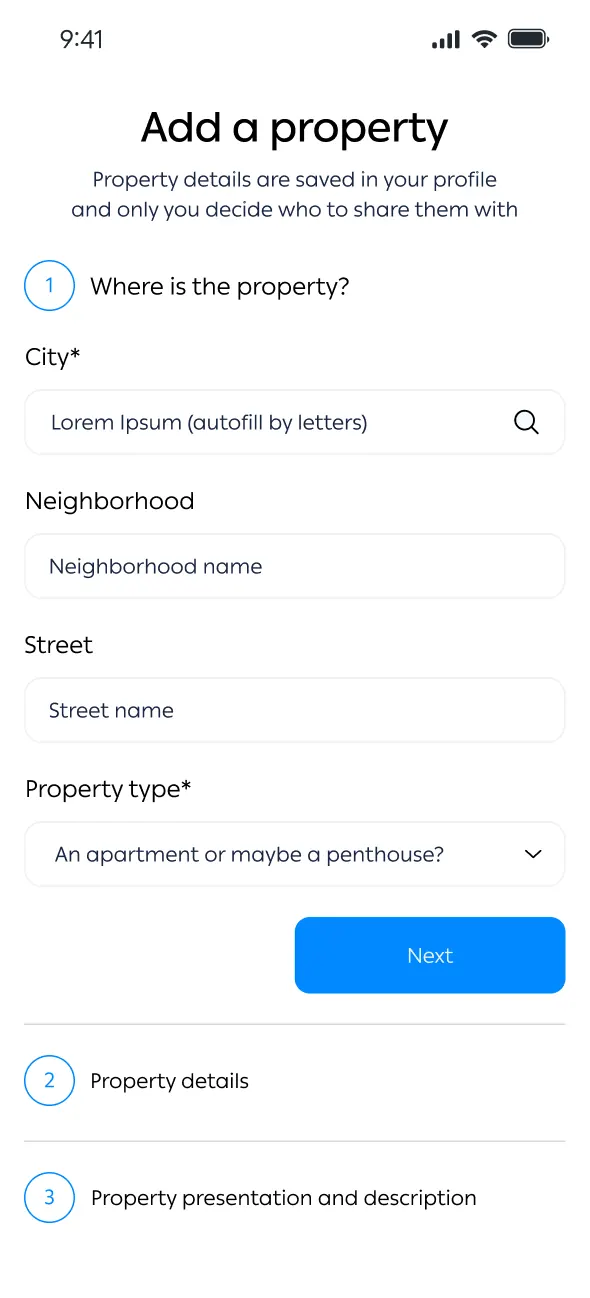 Property listing wizard, step one