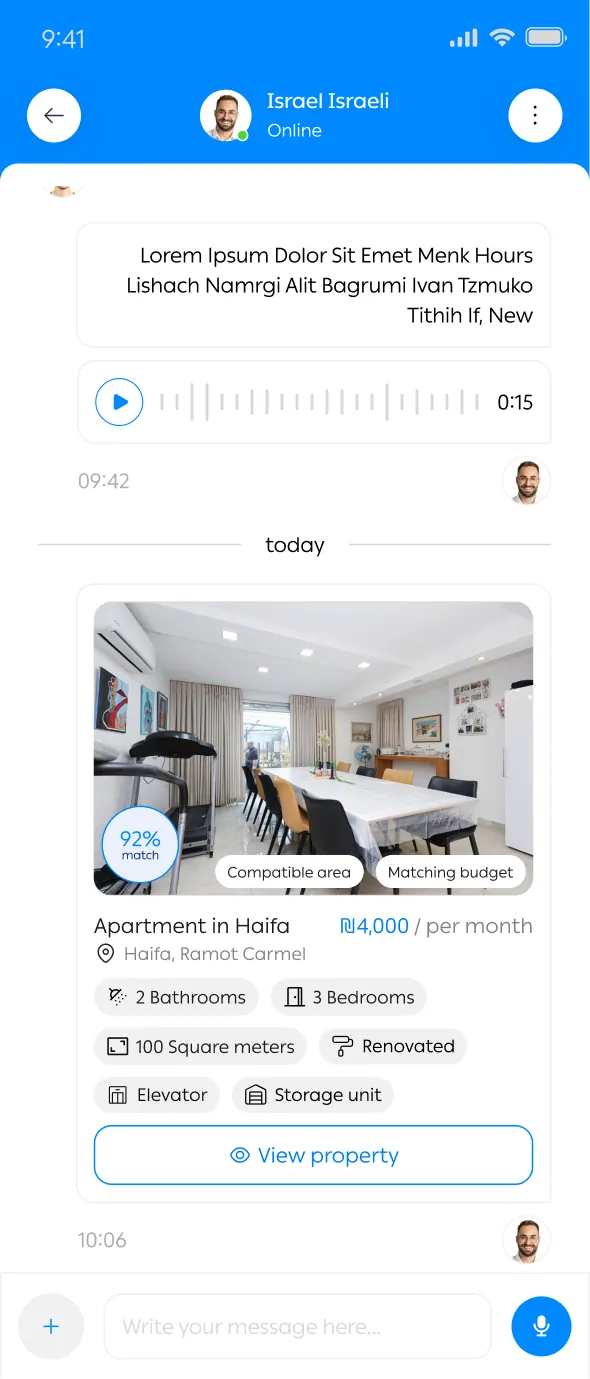 Chat thread opening with a shared property card and voice message