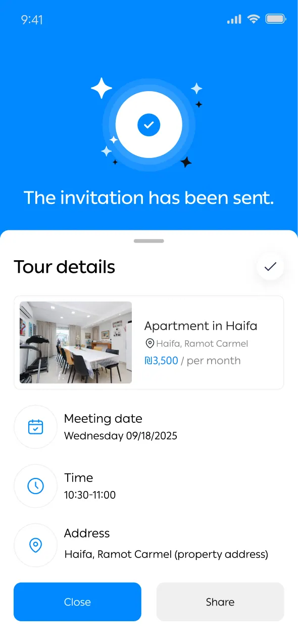 Confirmation that a tour invitation was sent, with tour details