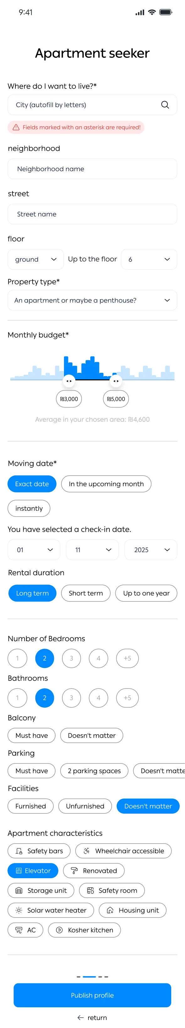 Seeker preference form: location, floor, property type and budget range
