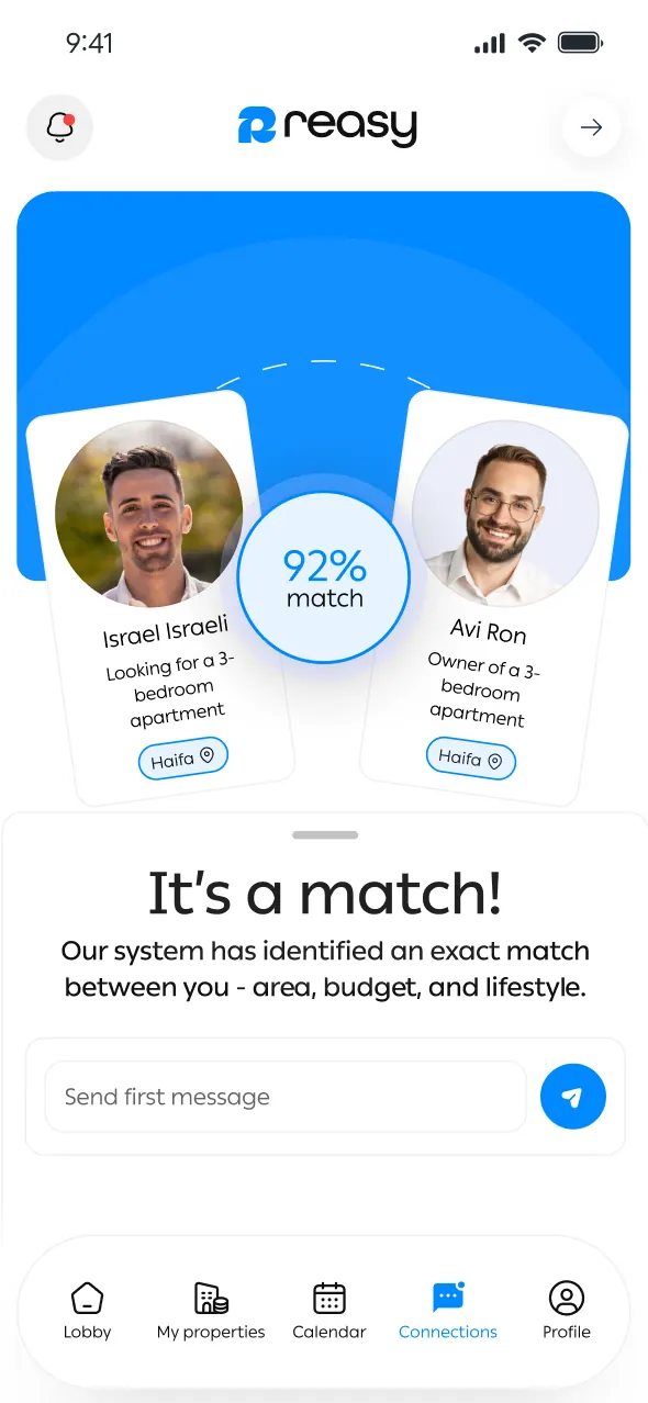 Match screen showing a 92% compatibility score between a seeker and an owner
