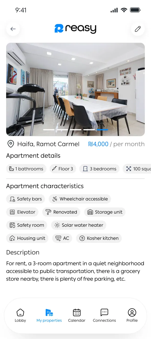 Property detail with characteristics and match badges