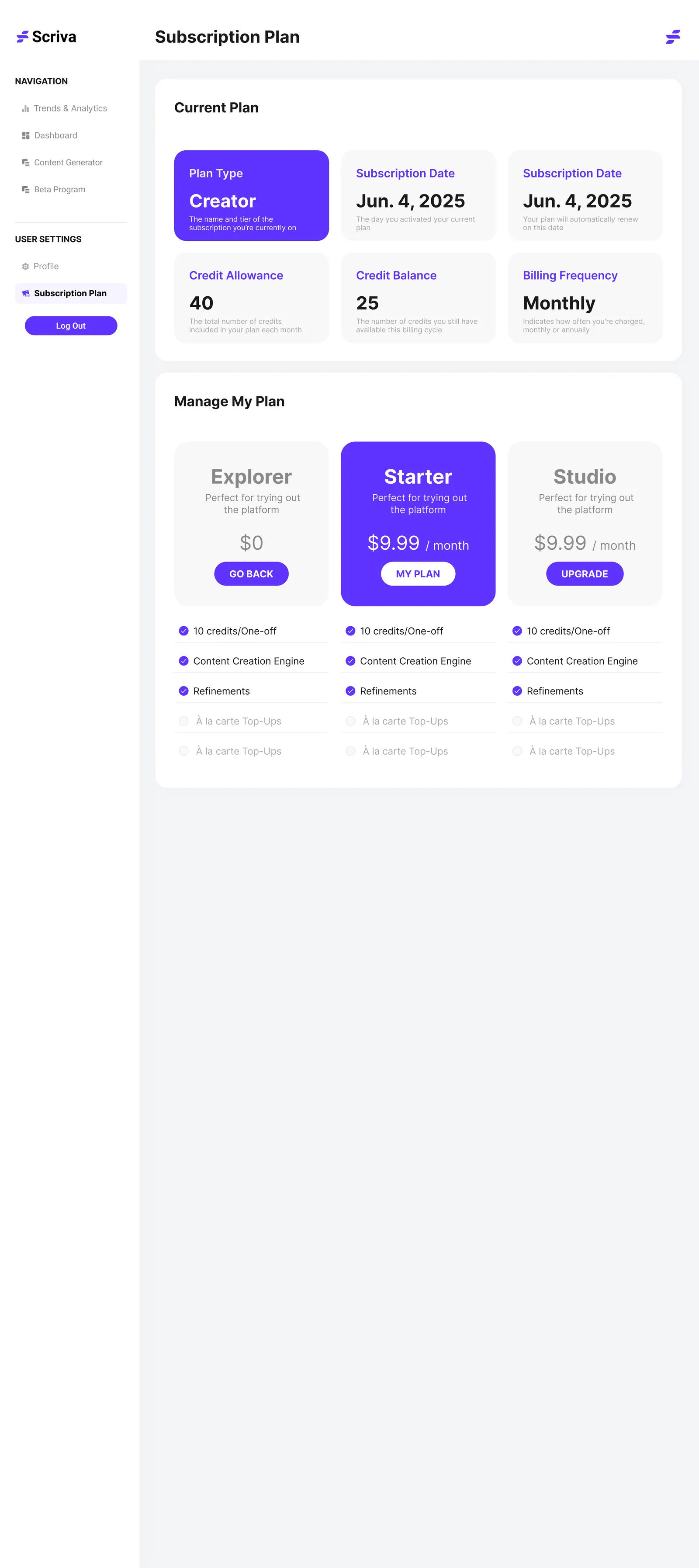 Subscription plans with credit-based usage