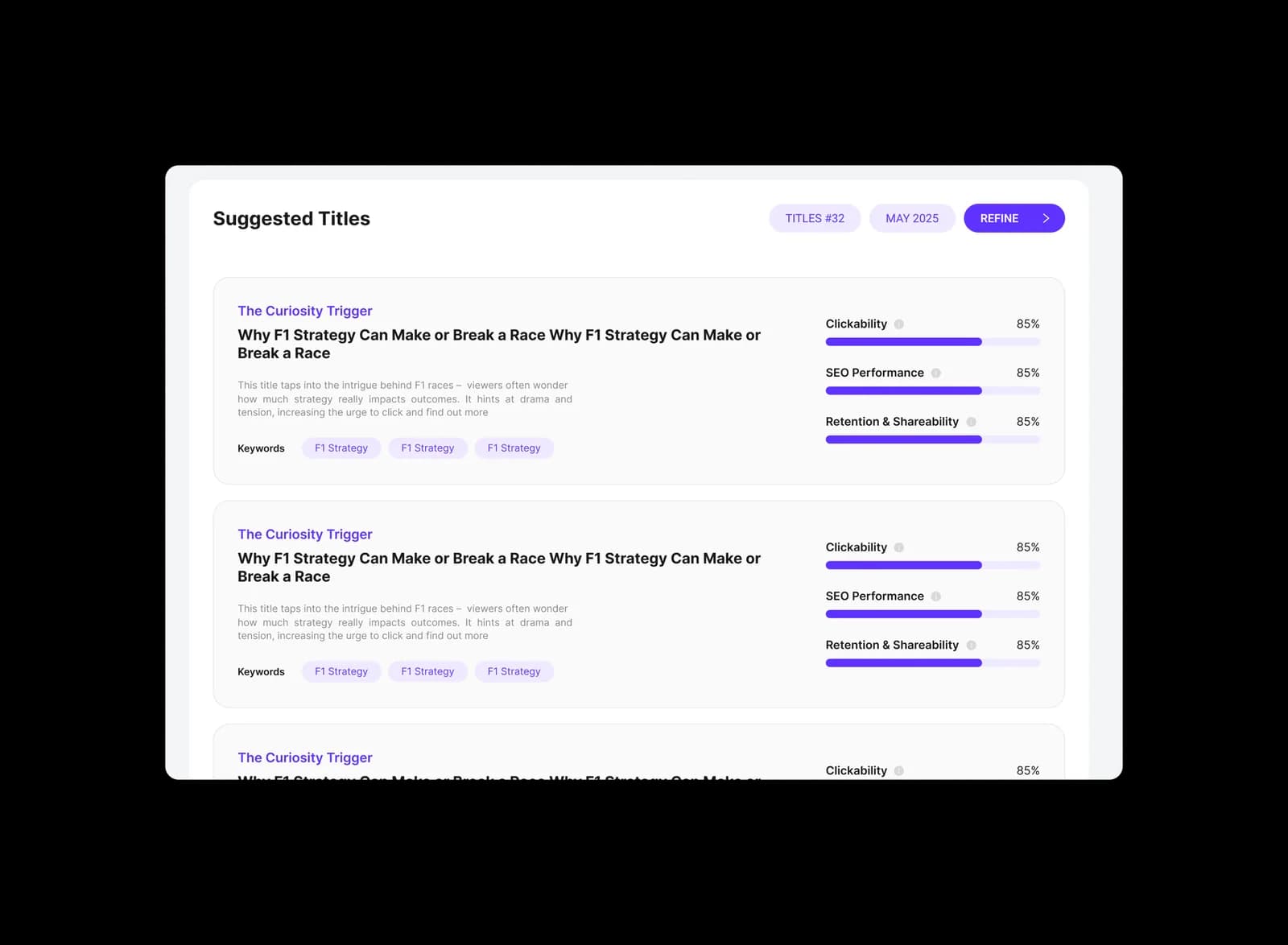 Generated titles with clickability, SEO and retention scores