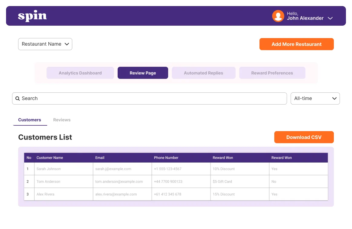 Customer list with filters