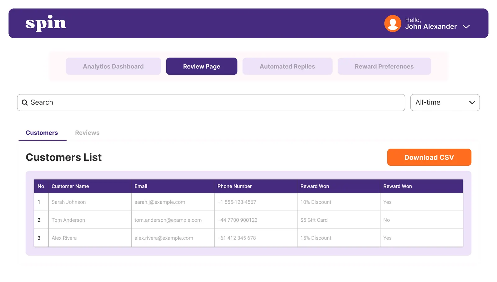 CRM-style customer list