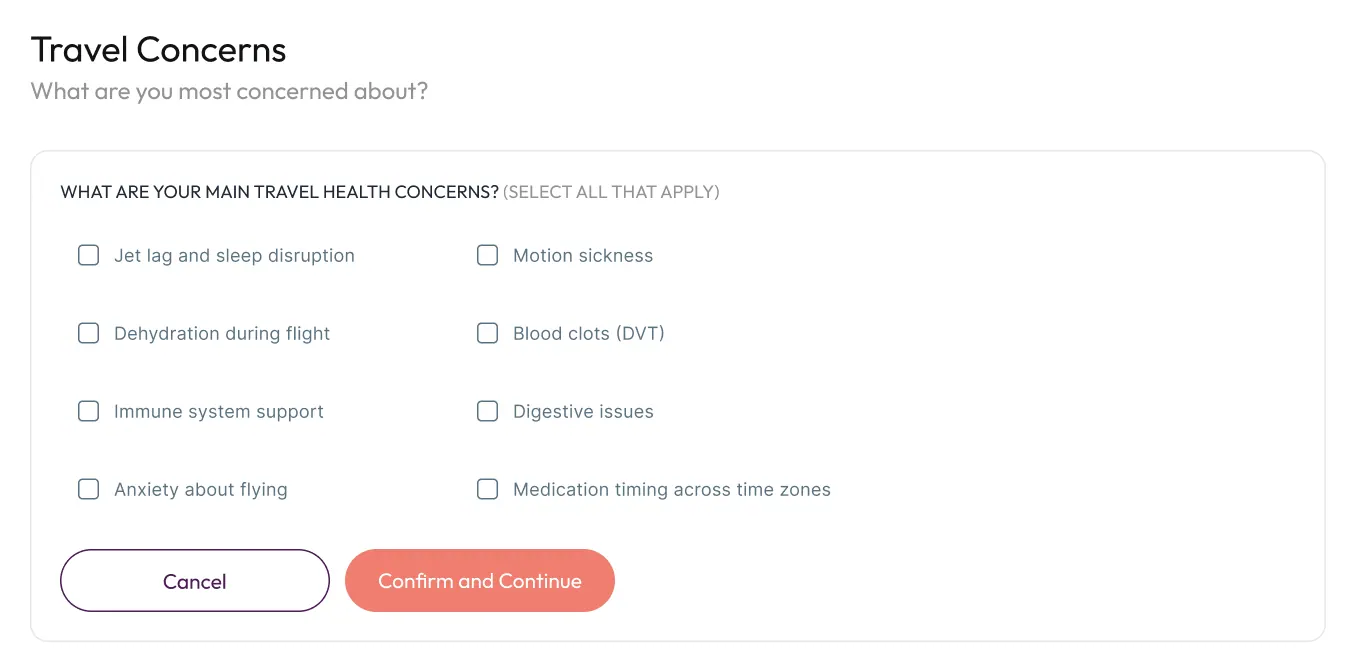 Travel concerns picker used to tailor the timeline
