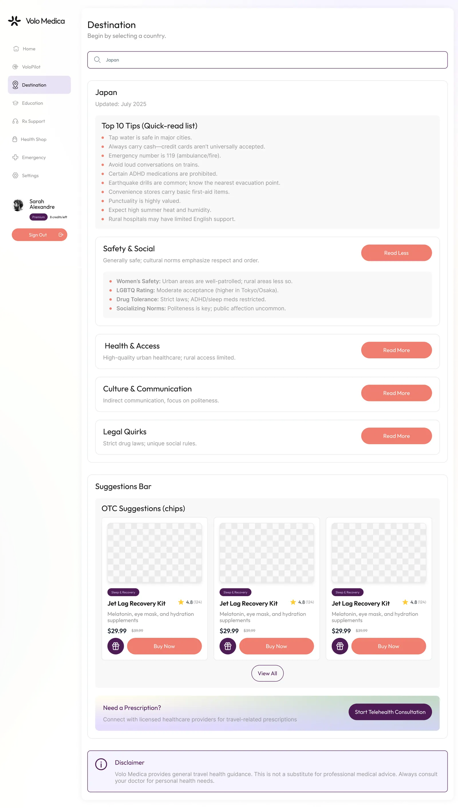 Destination detail with health advisories