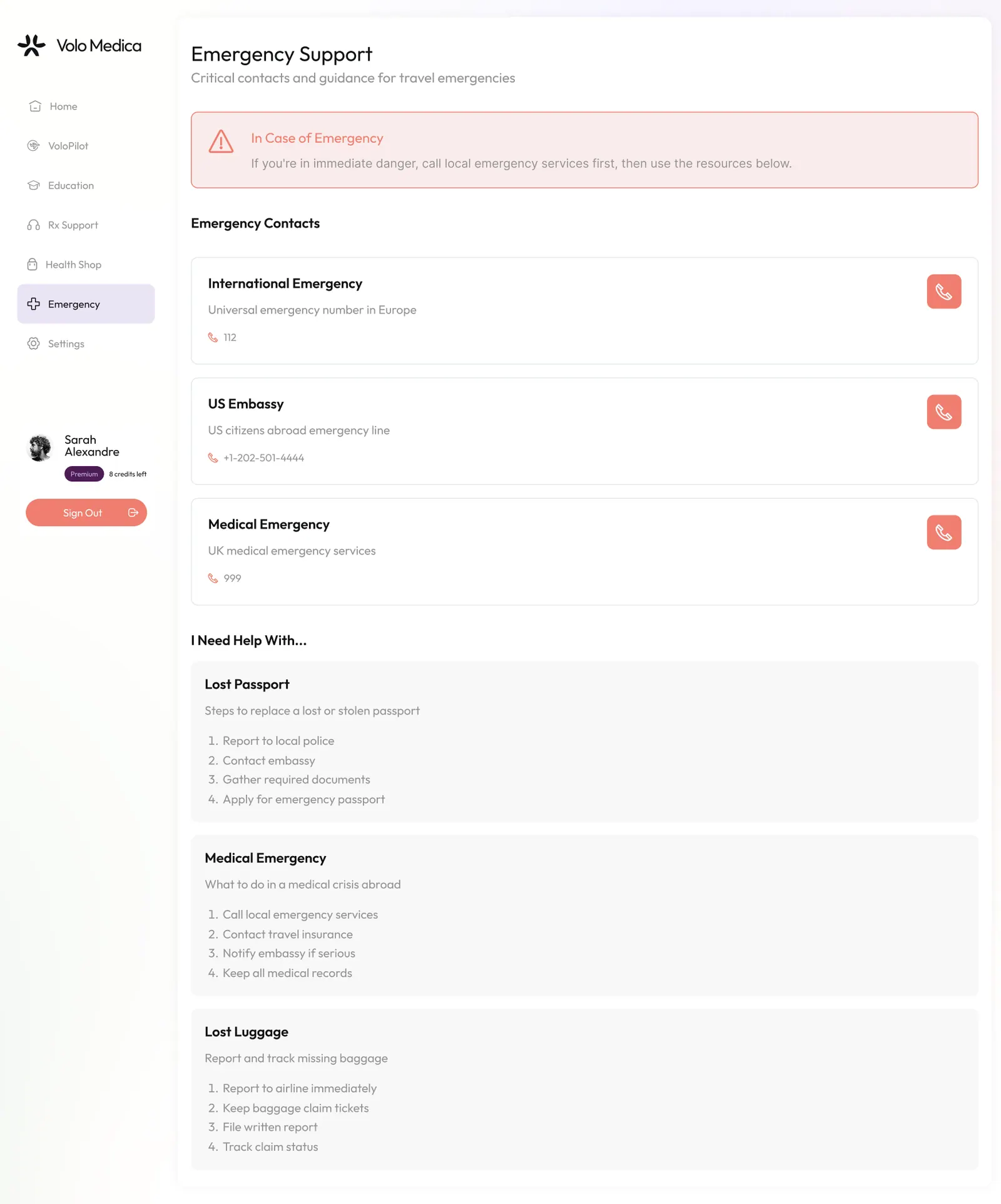 Emergency section with regional numbers and step-by-step guidance