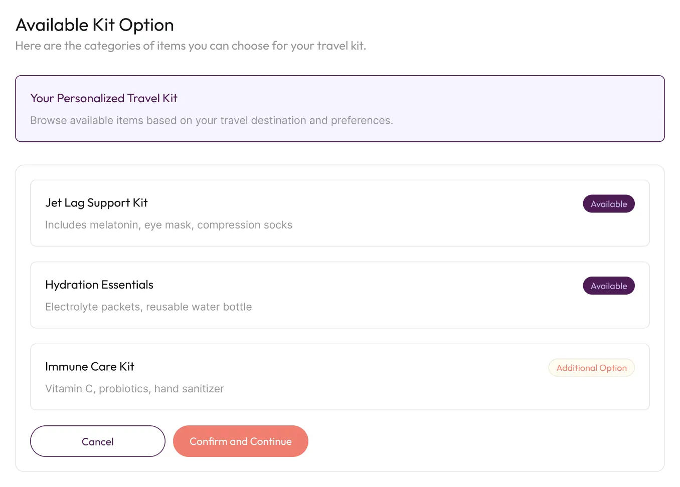 Available travel kit options