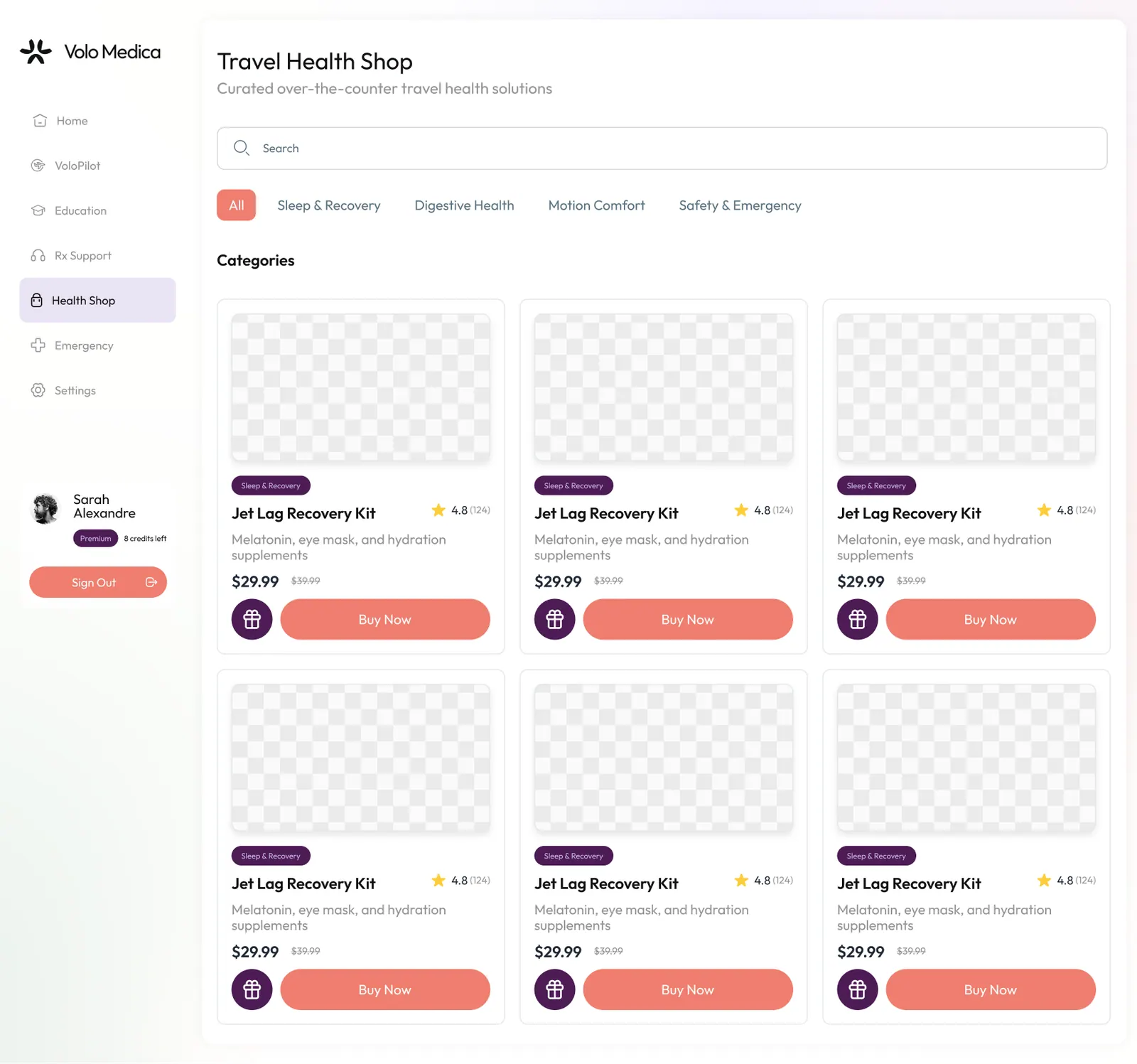 Travel health shop with categorised over-the-counter products